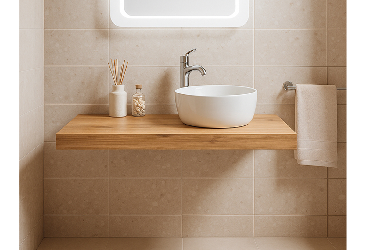 Απεικονίζεται ο πάγκος και ο νιπτήρας του επίπλου μπάνιου